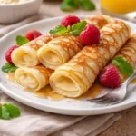 Hüttenkäse-Pfannkuchen auf einem Teller, garniert mit frischen Früchten