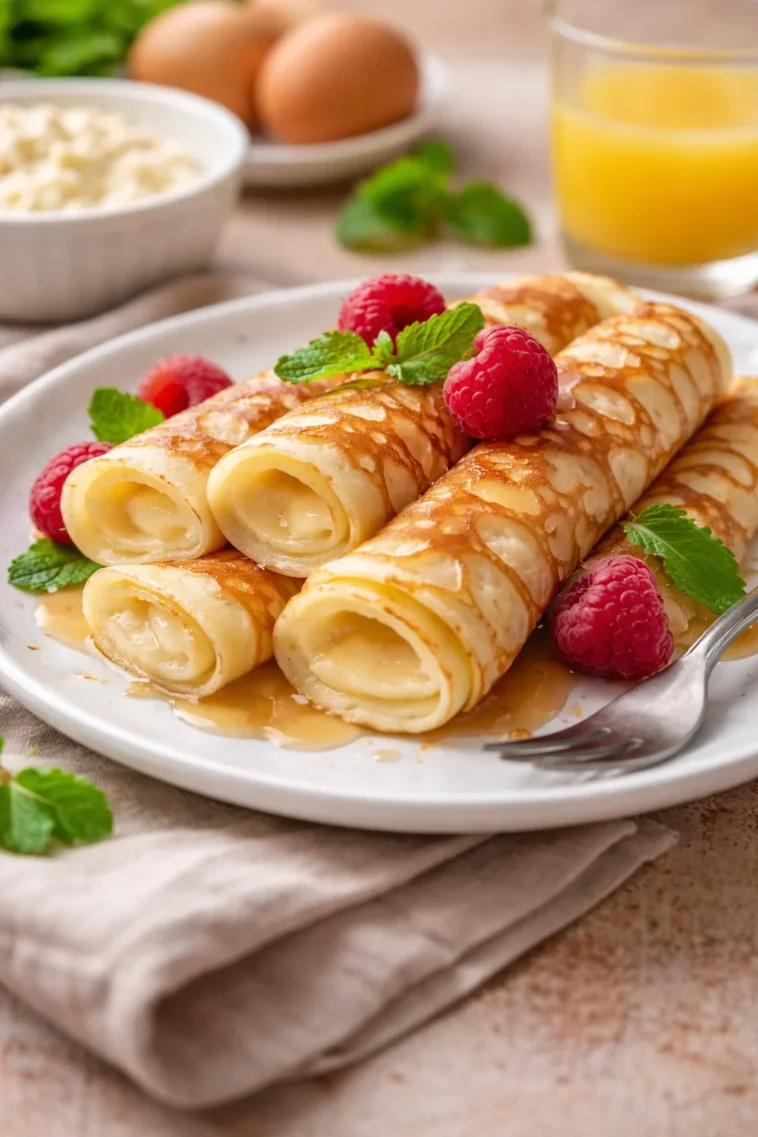 Hüttenkäse-Pfannkuchen auf einem Teller, garniert mit frischen Früchten