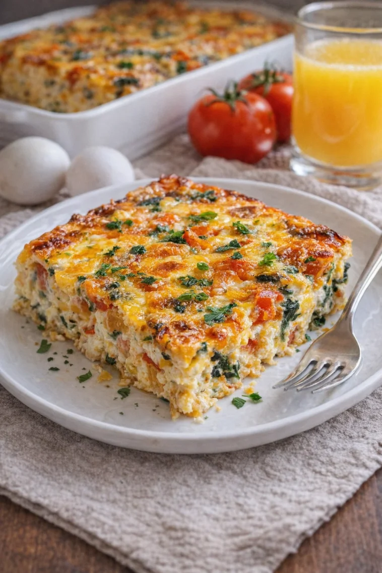 Hüttenkäse- und Gemüseauflauf in einer Auflaufform serviert.