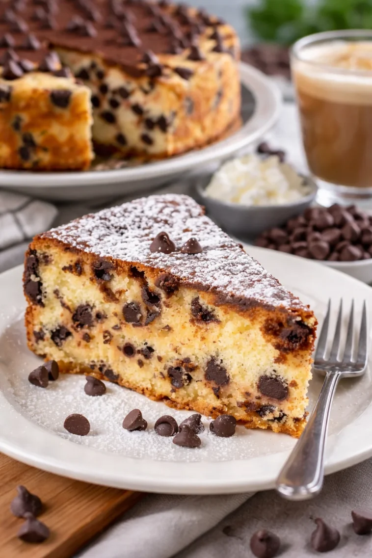 Italienischer Ricotta-Kuchen mit Schokoladenstückchen auf einem Teller