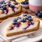 Joghurt-Mohn-Kuchen mit Kirschen und Streuseln auf einem hübschen Teller