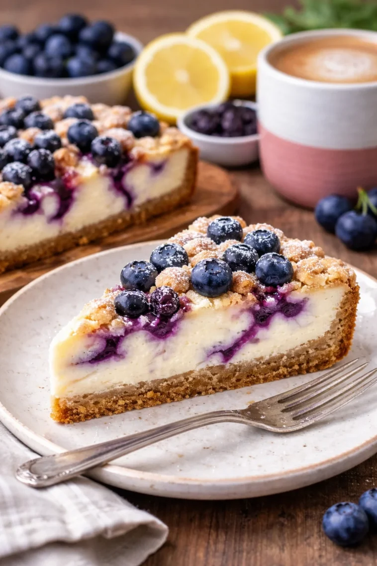 Joghurt-Mohn-Kuchen mit Kirschen und Streuseln auf einem hübschen Teller