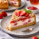 Johannisbeerkuchen mit Schokoboden auf einer rustikalen Holzplatte