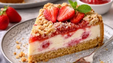 Johannisbeerkuchen mit Schokoboden auf einer rustikalen Holzplatte