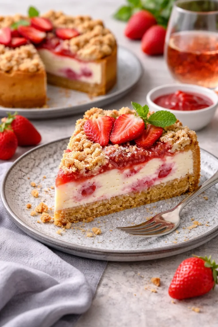 Johannisbeerkuchen mit Schokoboden auf einer rustikalen Holzplatte