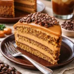 Saftiger Kaffee-Karamell-Kuchen auf einem Teller, perfekt für Kaffeepausen.