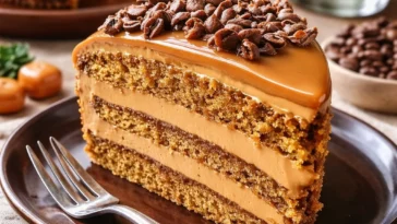 Saftiger Kaffee-Karamell-Kuchen auf einem Teller, perfekt für Kaffeepausen.