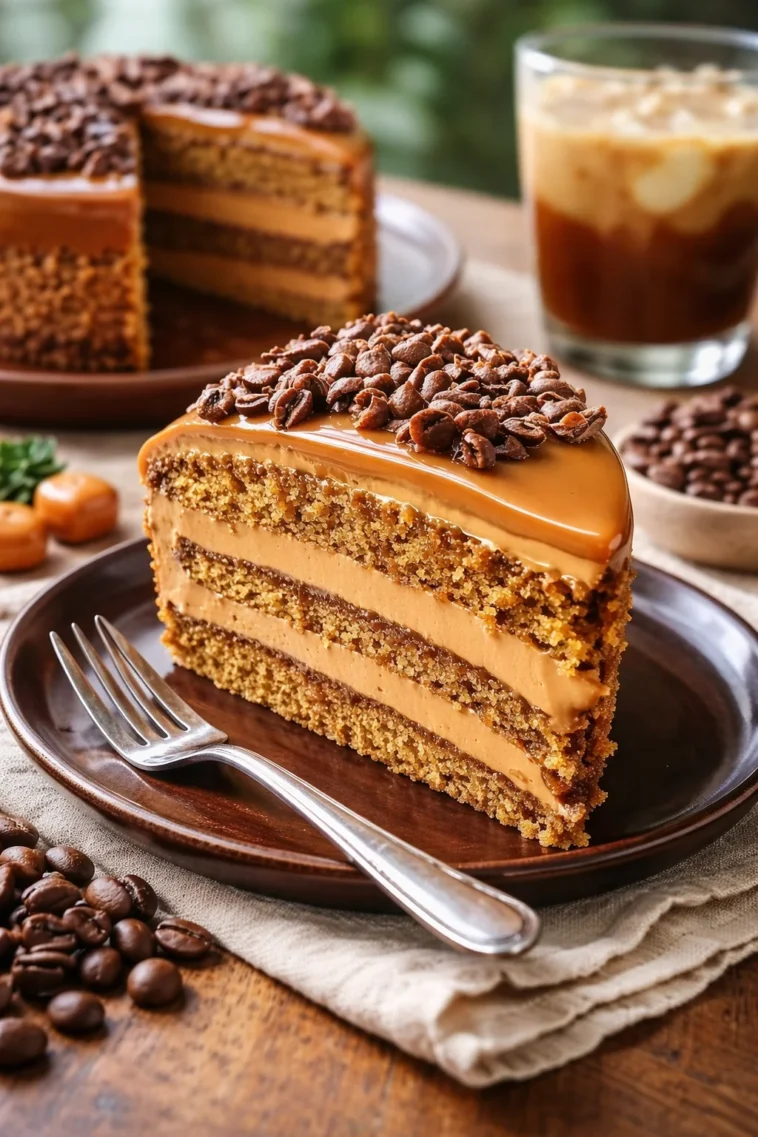 Saftiger Kaffee-Karamell-Kuchen auf einem Teller, perfekt für Kaffeepausen.