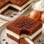 Kakaoboden mit Sahnecreme auf einem Teller serviert
