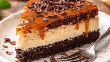 Karamell-Brownie-Käsekuchen mit köstlichem Karamell und cremigem Käsekuchen