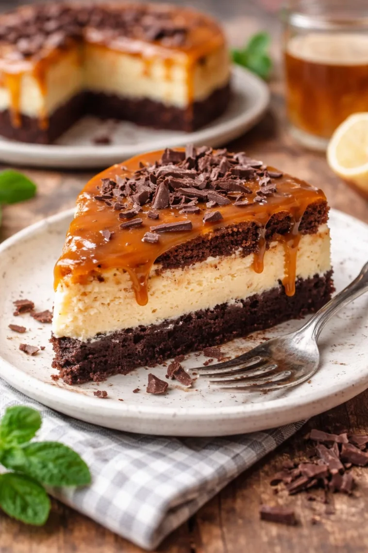 Karamell-Brownie-Käsekuchen mit köstlichem Karamell und cremigem Käsekuchen