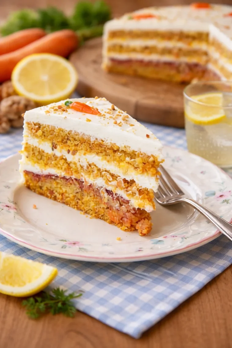 Leckere Karotten-Zitronen-Torte mit frischen Zitronenscheiben dekoriert