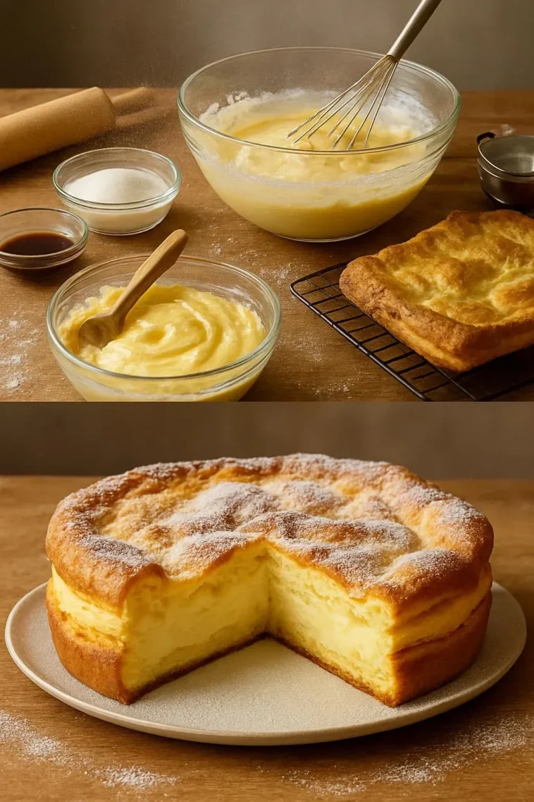 Aufschnitt von Karpatka, einem polnischen Puddingkuchen mit Sahnefüllung.