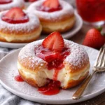 Käsekuchen Donuts mit Erdbeerglasur auf einem Teller