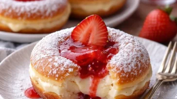Käsekuchen Donuts mit Erdbeerglasur auf einem Teller