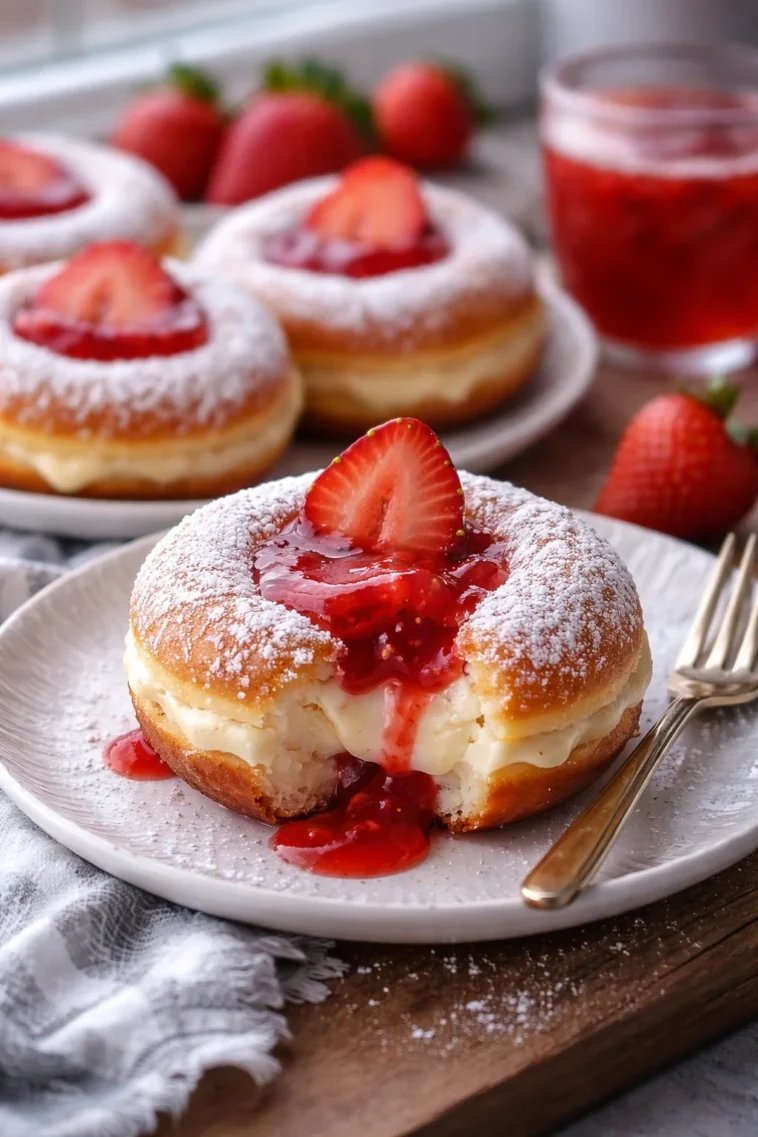 Käsekuchen Donuts mit Erdbeerglasur auf einem Teller