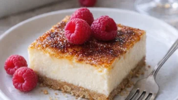 Käsekuchen mit Grahamcrackerkruste auf einem Teller serviert