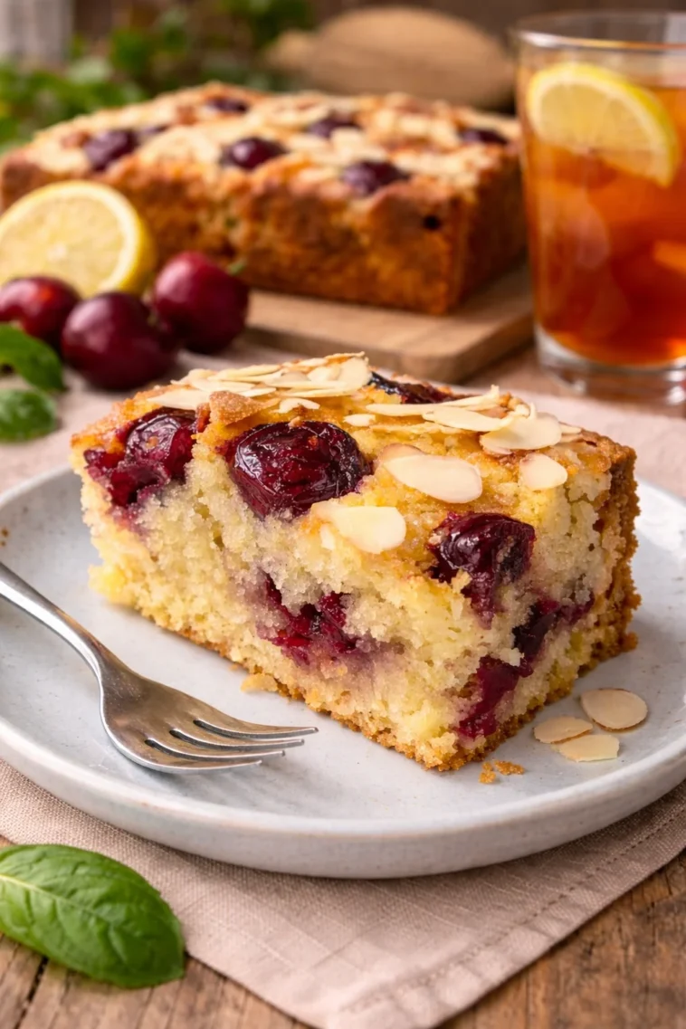 Saftiger Kirsch Buttermilch Kuchen auf einem Teller angerichtet