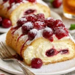 Kirschen Käsekuchen Kuchenrolle mit frischen Kirschen und cremiger Füllung