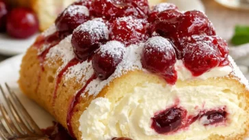 Kirschen Käsekuchen Kuchenrolle mit frischen Kirschen und cremiger Füllung