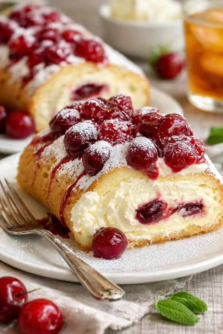 Kirschen Käsekuchen Kuchenrolle mit frischen Kirschen und cremiger Füllung