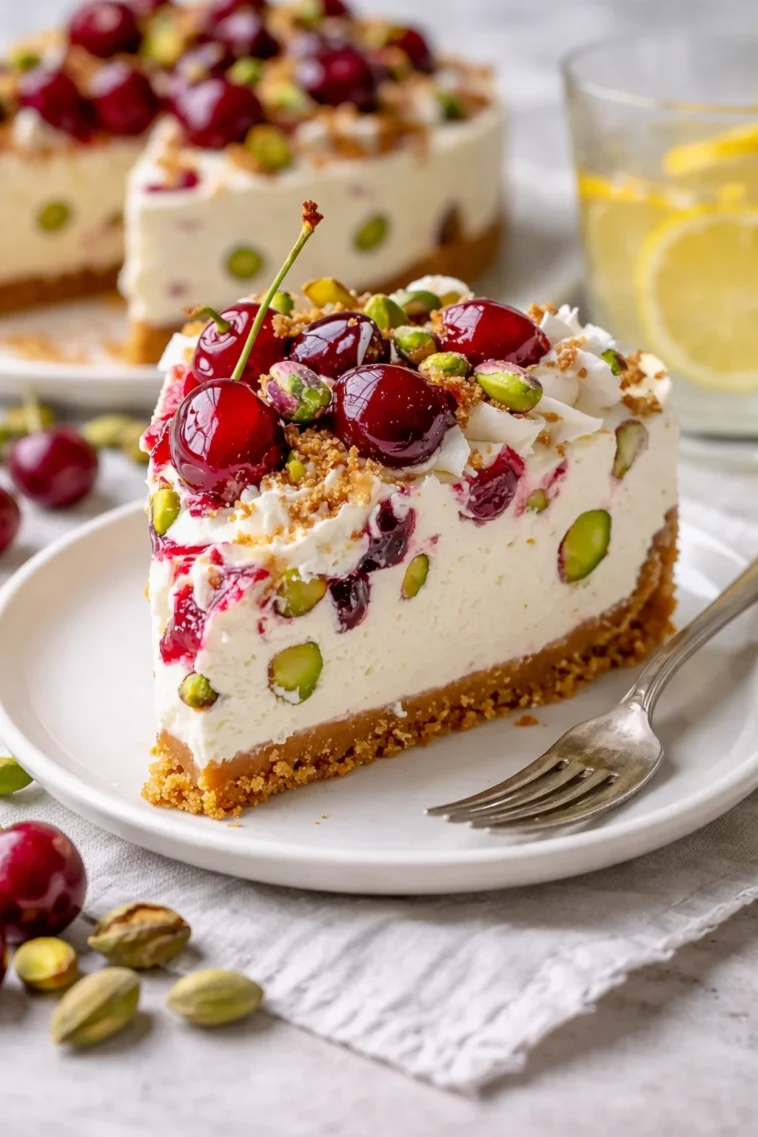 Kirschen-Pistazien-Käsekuchen auf einem Teller mit frischen Kirschen.