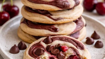 Kirschen-Schokoladenkekse mit Mokka-Chips auf einem Teller