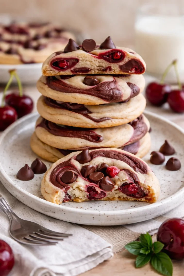 Kirschen-Schokoladenkekse mit Mokka-Chips auf einem Teller