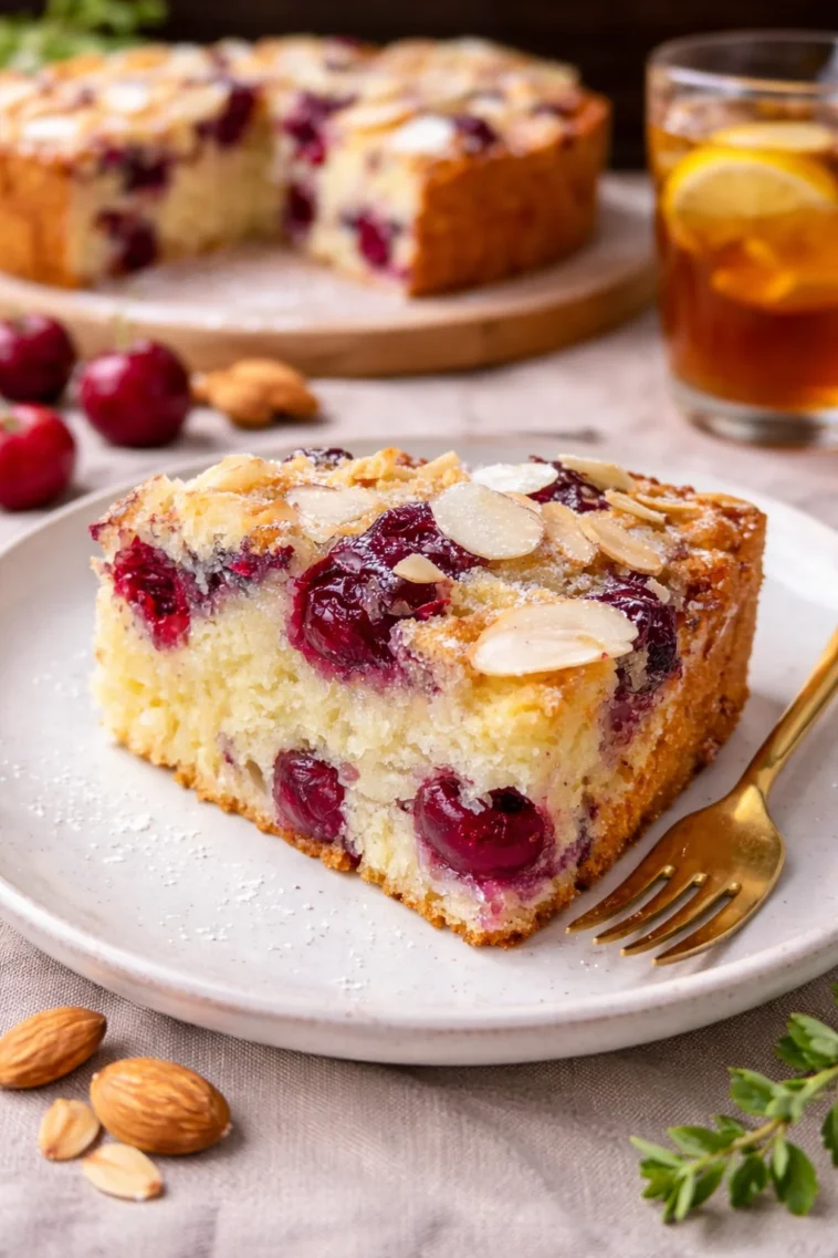 Saftiger Kirschkuchen mit Buttermilch auf einem Teller serviert