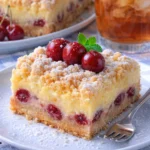 Kirschkuchen mit Streuseln und Vanillepudding auf einem Teller serviert