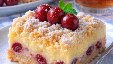 Kirschkuchen mit Streuseln und Vanillepudding auf einem Teller serviert