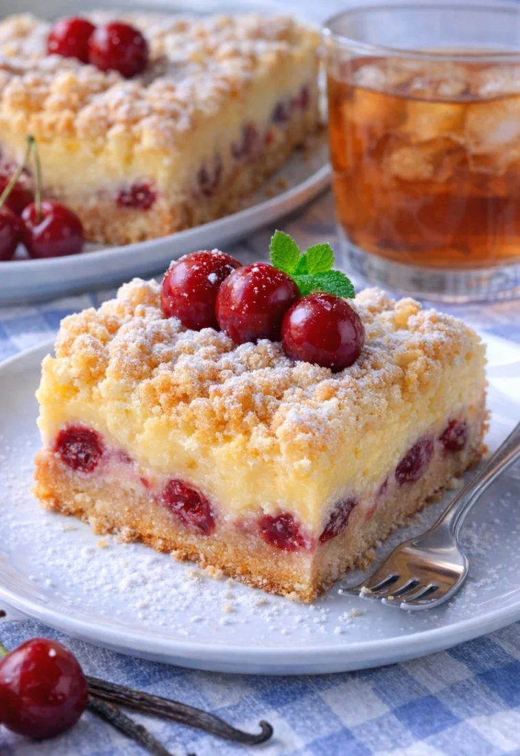 Kirschkuchen mit Streuseln und Vanillepudding auf einem Teller serviert