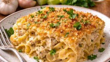 Schüssel mit klassischer Hühnersuppe, frisch zubereitet und serviert