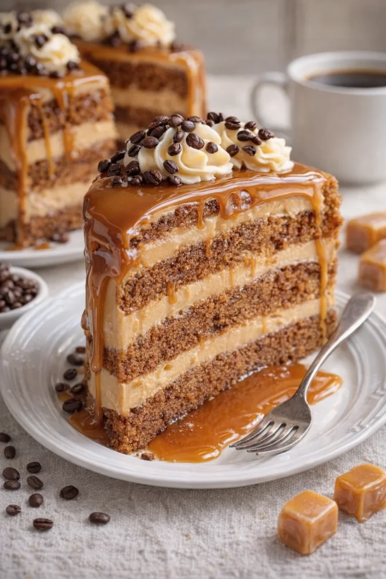 Klebriger Kaffee-Karamell-Kuchen auf einem Teller dekoriert