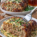 Knoblauch Parmesan Hackbraten auf einem Teller serviert