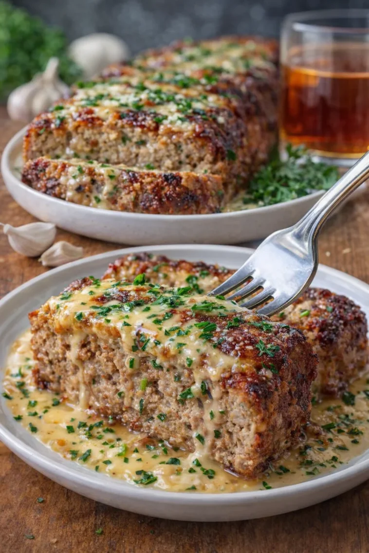 Knoblauch Parmesan Hackbraten auf einem Teller serviert