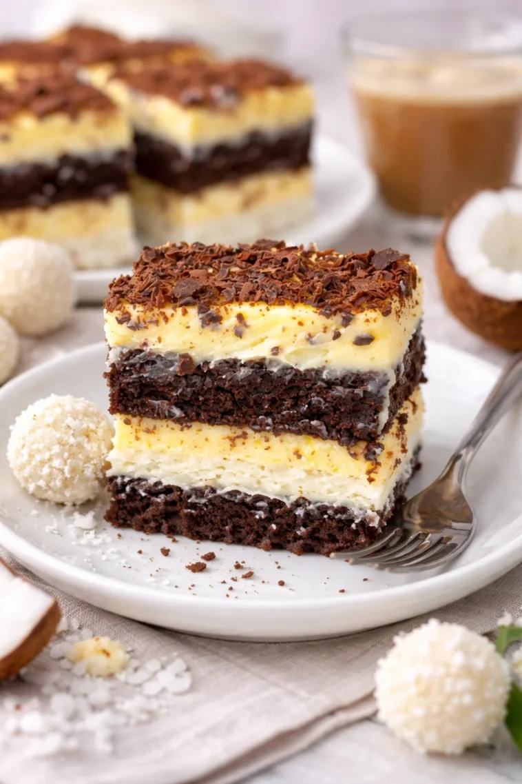 Kokos-Creme-Kuchen mit RAFFAELLO auf einem Teller, dekoriert mit Kokosraspeln