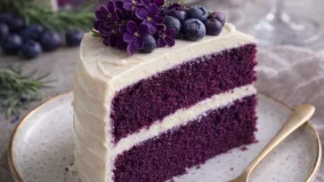 Königlicher purpurner Samtkuchen mit cremiger Vanille-Frosting auf einem eleganten Teller.