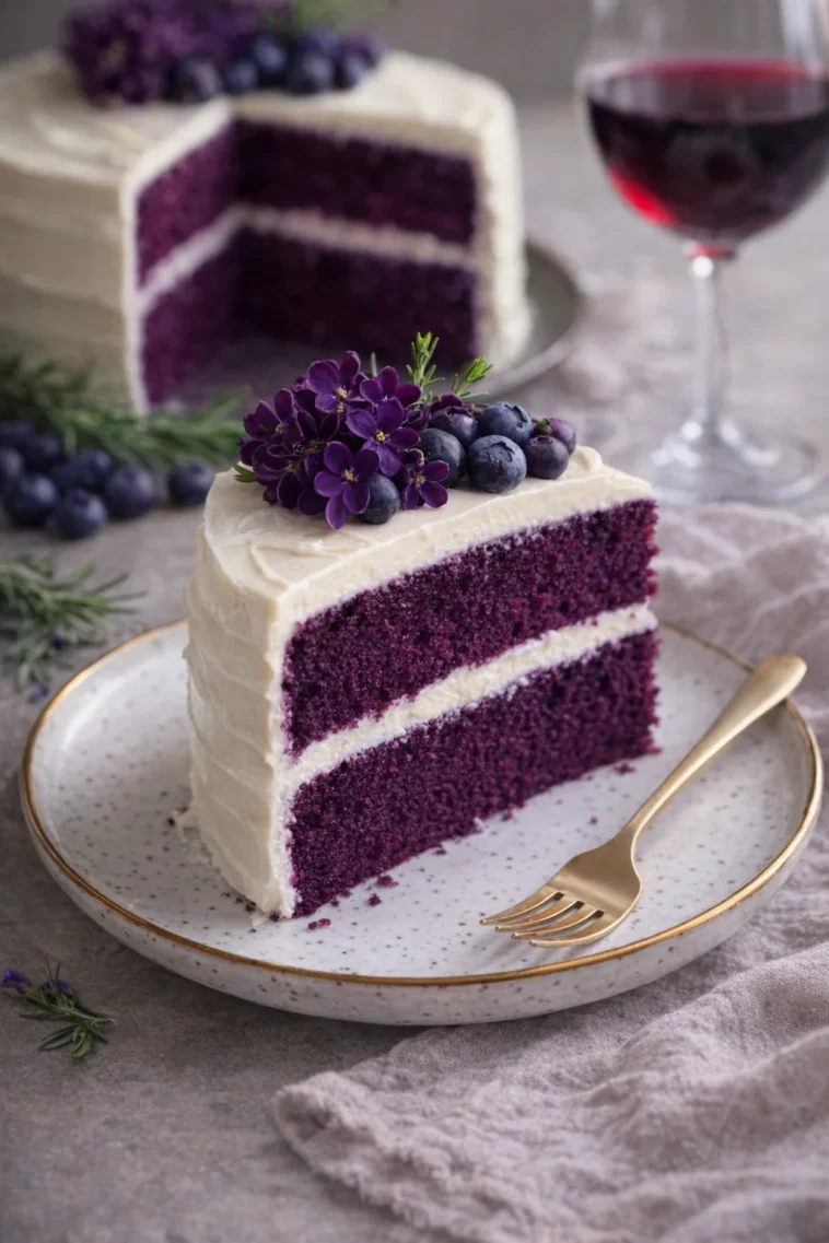 Königlicher purpurner Samtkuchen mit cremiger Vanille-Frosting auf einem eleganten Teller.