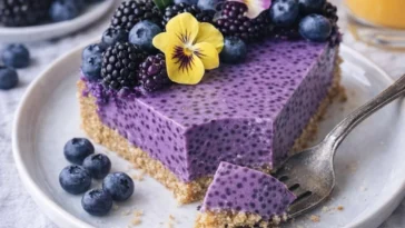Leckere Heidelbeer-Chia-Samen-Torte auf einem Teller, perfekt für gesunde Naschkatzen