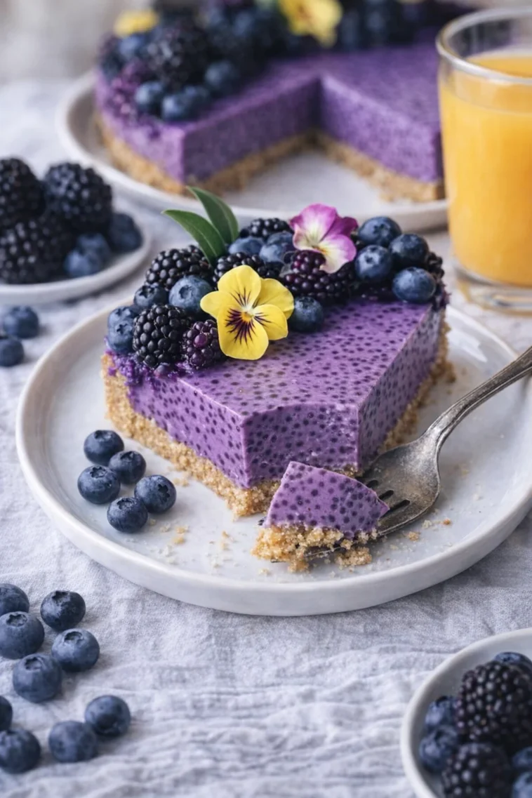 Leckere Heidelbeer-Chia-Samen-Torte auf einem Teller, perfekt für gesunde Naschkatzen