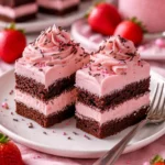 Leckere Mini-Schokoladentörtchen mit Erdbeerkrem und Sahne auf einem Teller