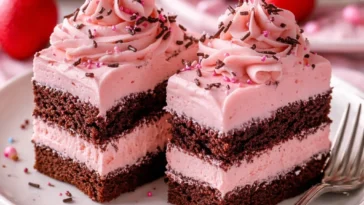 Leckere Mini-Schokoladentörtchen mit Erdbeerkrem und Sahne auf einem Teller