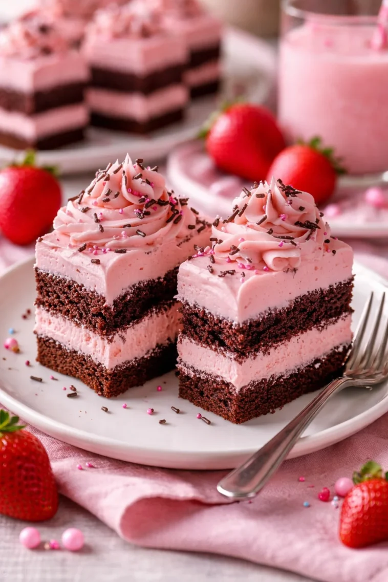 Leckere Mini-Schokoladentörtchen mit Erdbeerkrem und Sahne auf einem Teller