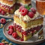 Pistazien-Himbeer-Kuchen auf einem festlichen Tisch serviert