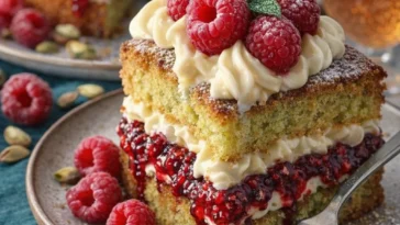 Pistazien-Himbeer-Kuchen auf einem festlichen Tisch serviert