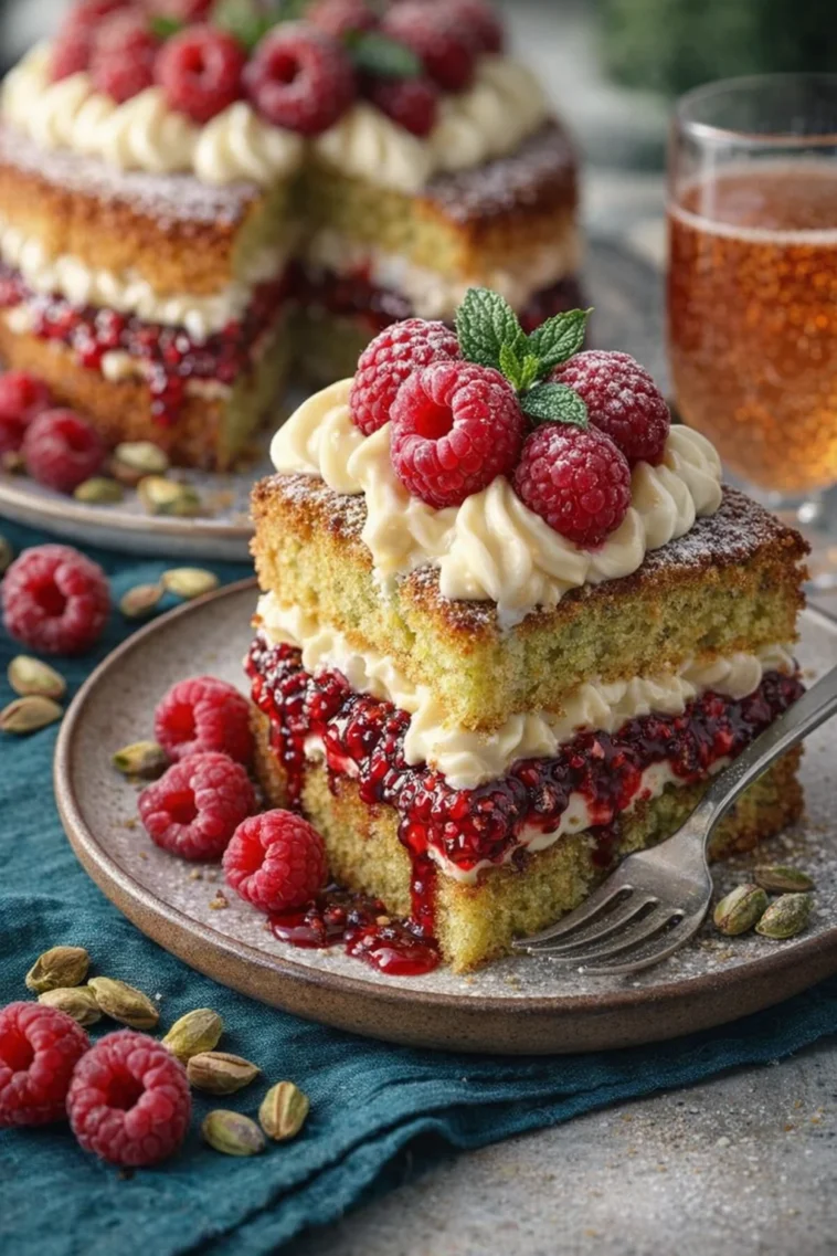 Pistazien-Himbeer-Kuchen auf einem festlichen Tisch serviert