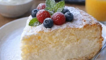 Licht und flaumiger Jogurtwolkenkuchen auf einem Teller serviert