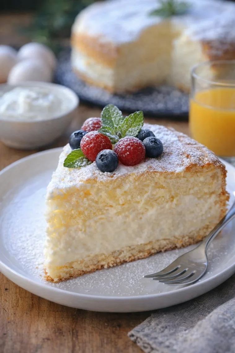 Licht und flaumiger Jogurtwolkenkuchen auf einem Teller serviert
