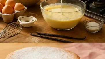 Magischer Vanillepuddingkuchen mit cremiger Vanillefüllung und dekorativem Belag